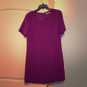Burgundy shift dress.